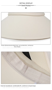 Detail showing wide brim sun hat with internal sweatband and reinforced stitching