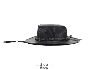Side view of black outdoor sun hat featuring breathable mesh and faux leather details