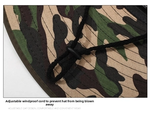 Close-up of adjustable windproof drawstring and buckle on camo outdoor sun hat