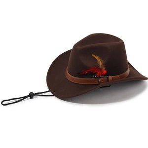 Vintage Western Cowboy Hat with Feather Leather Band Adjustable Wind Rope Wide Brim Fedora Felt Hat Men Women Sun Hat