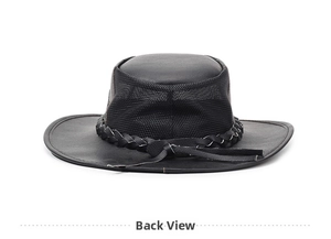Detail of the breathable mesh side panels and leather crown on this black cowboy hat