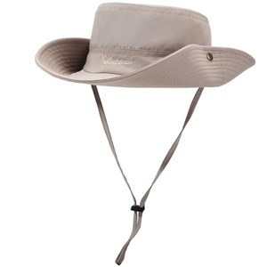 Detail of khaki sun hat featuring Outdoors embroidery and adjustable windproof drawstring