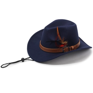 Detail view of navy blue felt cowboy hat with leather belt and colorful feather decor