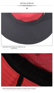 Detail of wide brim sun hat showing breathable red mesh lining and sweatband