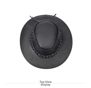 Top view of a black leather western cowboy hat with white woven brim detailing