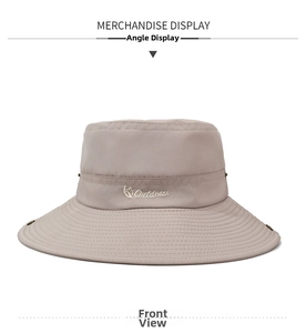 Front view of beige quick-dry outdoor bucket hat with Outdoors embroidery and air vents