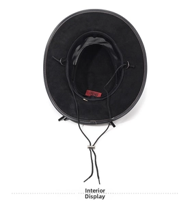 Detail showing the breathable black mesh lining and adjustable chin strap of the cowboy hat