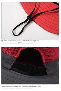 Detail view of adjustable windproof drawstring and head size buckle on sun hat