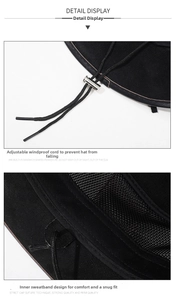 Detail of adjustable windproof rope with metal buckle and breathable mesh sweatband inside