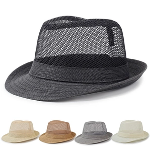 Detailed view of breathable mesh fedora hats for men in five neutral color options