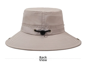 Detail of adjustable drawstring toggle on back of breathable quick-dry sun hat