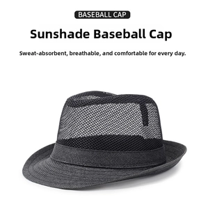 Detail of breathable black mesh fedora hat featuring openwork weave for summer sun protection