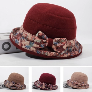 Women Retro Wool Blend Cloche Hat Elegant Floral Print Bow Decor Winter Warm Bucket Hat For Ladies Senior Fashion Accessory