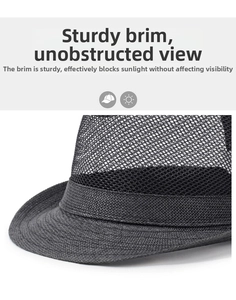 Close-up of black breathable mesh weave and stiff brim on a men's summer fedora hat