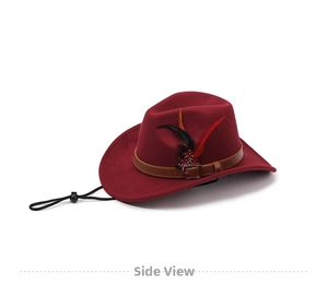 Detail view of burgundy faux suede cowboy hat with feather accent and leather band