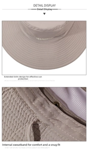 Detail view of the wide brim sun hat stitching and interior sweatband structure