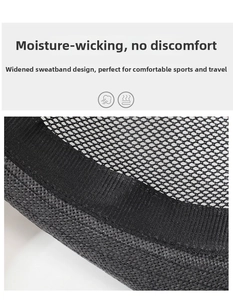 Detail view of breathable black mesh fabric and widened sweatband for comfort