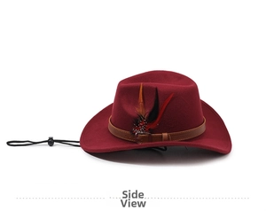 Detail of burgundy felt cowboy hat with leather band, feather trim and chin strap