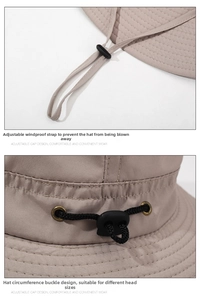 Detail view of khaki quick-dry sun hat showing adjustable wind rope and toggle buckle