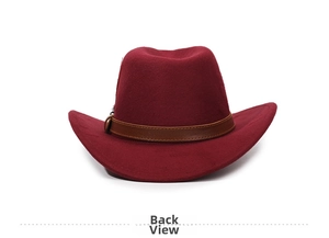 Rear view of wine red wide brim felt fedora hat with brown leather decorative band