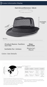 Size chart showing 58cm circumference and dimensions for the mesh breathable fedora hat