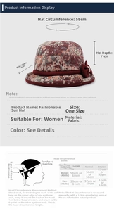 Detailed size chart for women's floral winter hat with head measurement guide and dimensions