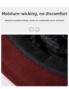 Detailed close-up of the black sweatband inside a burgundy winter cloche hat for women