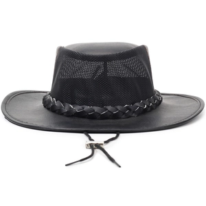 Western mesh cowboy hat in black leather with breathable crown and chin strap