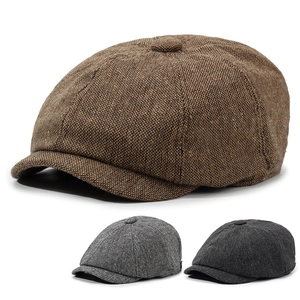 Three-piece newsboy cap set in brown, light and dark gray with textured herringbone fabric