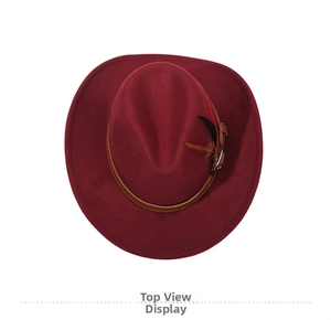 Top view of a wine red vintage felt fedora hat featuring a leather band and colorful feathers