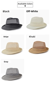 Detailed grid showing breathable mesh fedora hats in black beige khaki and grey