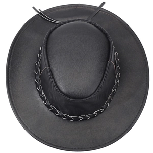 Vintage western cowboy hat in black leather with breathable mesh top and wide brim