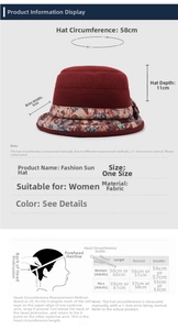 Size chart showing 58cm circumference and 5cm brim for winter floral cloth bucket hat