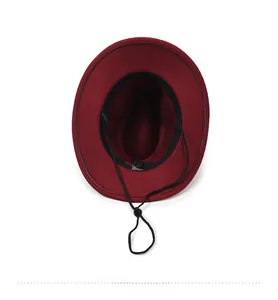 Detail of burgundy wool hat interior showing adjustable drawstring and size 57 label