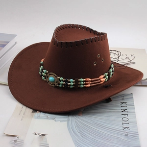 Chapeau de Cowboy Western Vintage pour Hommes Femmes Polyester Feutre Turquoise Perlé Large Bord Fedora Protection Solaire