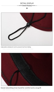 Detail of burgundy fedora with adjustable chin strap and internal sweatband detail