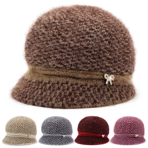 Women's Winter Thickened Warm Knit Bucket Hat With Fleece Lining Elegant Artificial Pearl Bow Elderly Senior Mother Thermal Hat