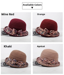 Close-up of winter bucket hats in four colors with floral trim and bow details