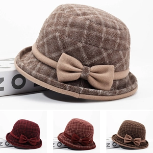 French Vintage Plaid Bow Bucket Hat For Women Autumn Winter Warm Elegant Rolled Edge Cloche Hat Soft Comfortable Daily Headwear