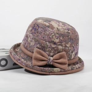 Winter floral bucket hat with bow detail for elderly women, thick warm fabric style