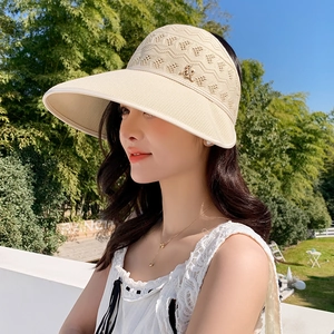Détail d'un chapeau de soleil beige en tricot avec texture ondulée et large bord