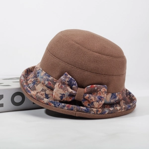 Elegant winter bucket hat for women with brown wool felt and floral bow decoration