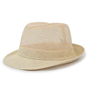 Breathable beige mesh fedora hat for men featuring hollow-out design for summer sun protection