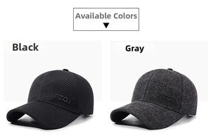 Detail view of winter baseball caps in black and grey with FZOJ embroidery and ear flaps