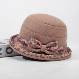 Elegant mocha brown winter cloche hat for elderly women with floral ribbon decoration