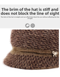 Detail of winter knit hat featuring a textured brown weave and pearl bow accessory