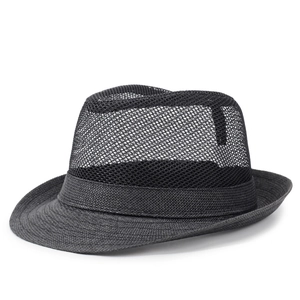 Men's summer black mesh hollow fedora hat with breathable straw brim and stylish band
