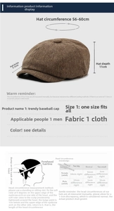 Size chart showing 56-60cm circumference and measurement guide for linen newsboy cap