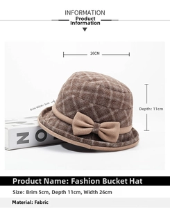 Detail view of brown checkered wool bucket hat with bow and dimension specs