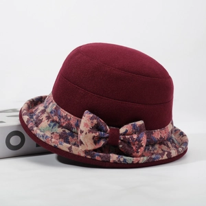 Elegant dark red floral winter bucket hat for elderly women featuring warm wool-like fabric